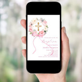 Invitation Pink floral wreath cross bow girl baptism