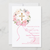 Invitation Pink floral wreath cross bow girl baptism (Devant)