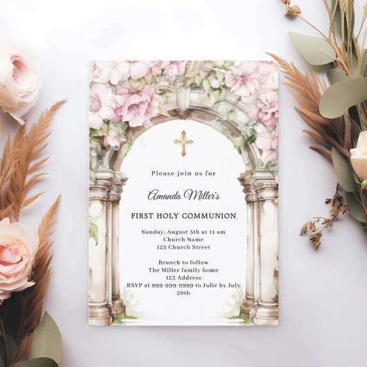 Invitation Pink florals arch girl First Communion