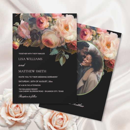 Invitation Pink Flower Dark Floral | Photo Wedding