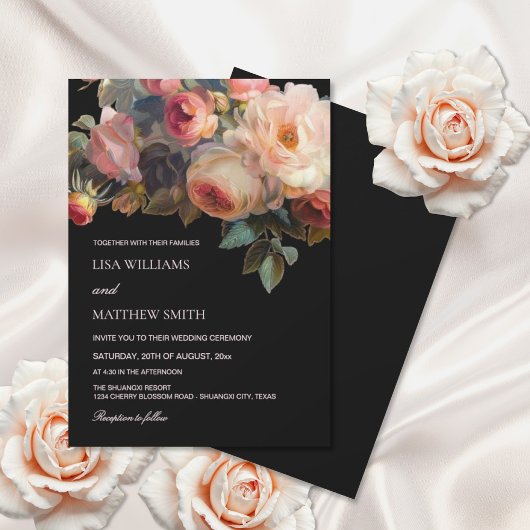 Invitation Pink Flower Dark Floral Roses Wedding