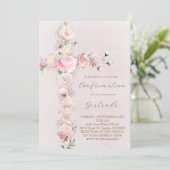 Invitation pink flowers cross  Confirmation (Debout devant)