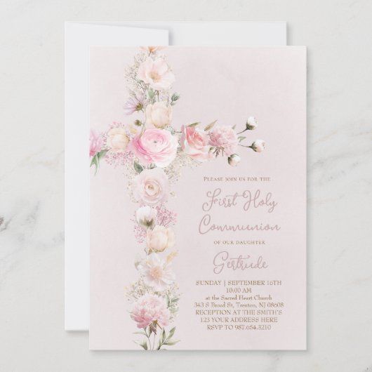 Invitation pink flowers cross First Holy Communion (Devant)