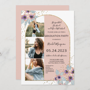 Invitation Pink Flowers Glitter Confetti Photo Graduation