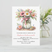 Invitation Pink Flowers Mason Jar Birthday Party | (Debout devant)