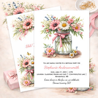 Invitation Pink Flowers Mason Jar Birthday Party |