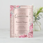 Invitation Pink Flowers Rose Gold Glitter Frame Crown (Debout devant)