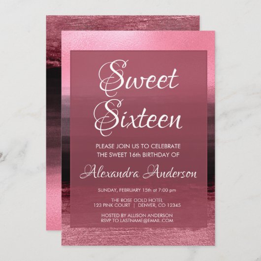 Invitation Pink Foil Girly Paint Stroke Sweet 16 Anniversaire (Devant / Derrière)