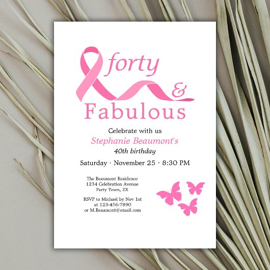 Invitation Pink Forty Fabulous Fighting Cancer 40th Birthday