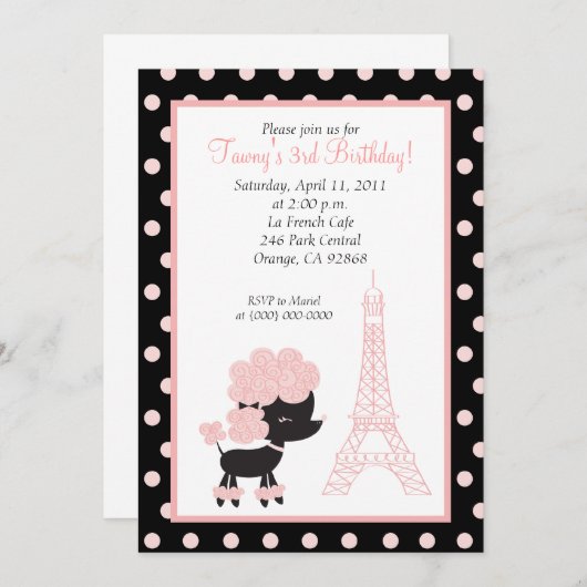 Invitation PINK FRANÇAIS POODLE Ooh la 5x7 Anniversaire (Devant / Derrière)