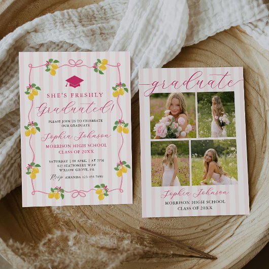Invitation Pink Freshly Lemon Citrus Graduation Party