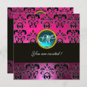 Invitation PINK FUCHSIA BLACK DAMASK MONOGRAM, bleu aquamarin (Devant / Derrière)