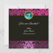 Invitation PINK FUCHSIA BLACK DAMASK MONOGRAM, bleu aquamarin (Dos)