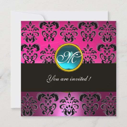 Invitation PINK FUCHSIA BLACK DAMASK MONOGRAM, bleu aquamarin (Devant)