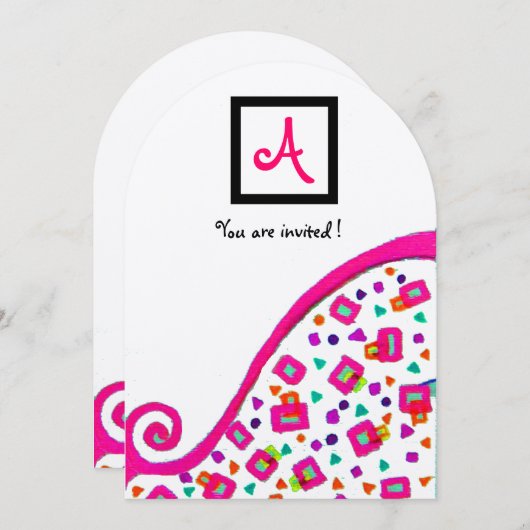 INVITATION PINK FUCHSIA BLANC ABSTRAIT DÉCO CARRÉ MONOGRAM (Devant / Derrière)