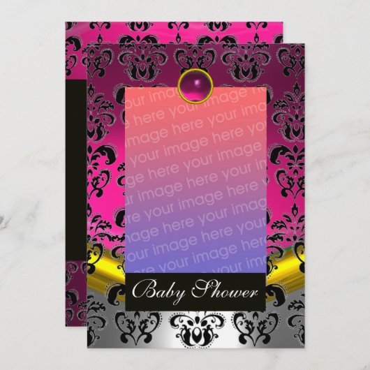 INVITATION PINK FUCHSIA BLANC DAMAS BÉBÉ NAISSANCE MONOGRAMME (Devant / Derrière)