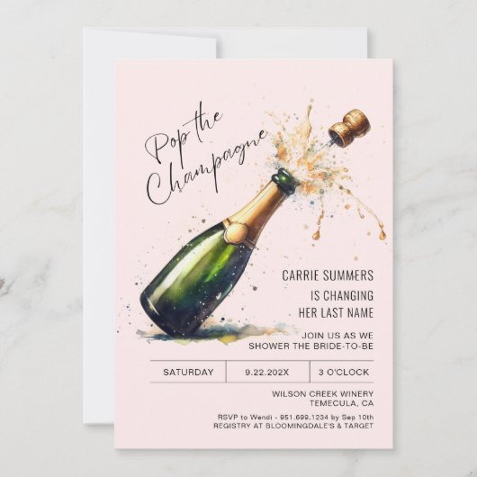 Invitation Pink Fun Champagne Bridal Brunch Wedding shower (Devant)