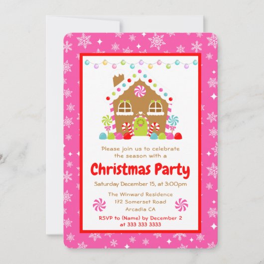 Invitation Pink Gingerbread House Christmas Party (Devant)