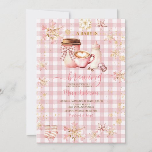 Invitation Pink Gingham Baby Is Brewing Winter Baby Shower (Devant)