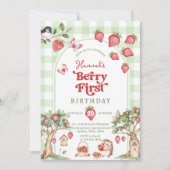 Invitation Pink Gingham Berry First Strawberry 1st Birthday (Devant)