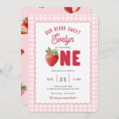 Invitation Pink Gingham Berry First Strawberry Themed (Devant / Derrière)