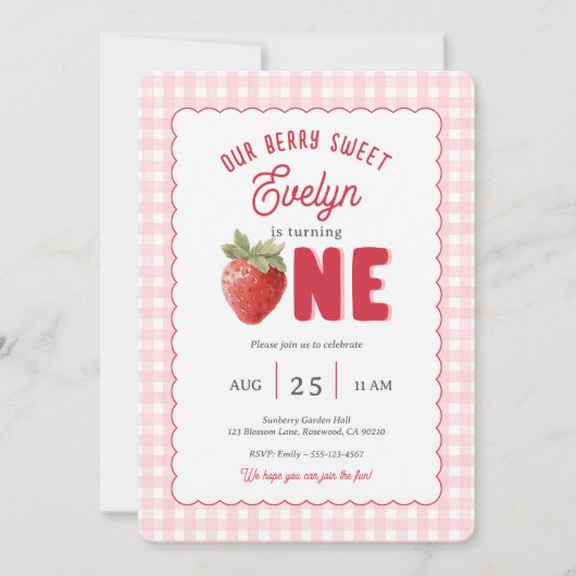 Invitation Pink Gingham Berry First Strawberry Themed (Devant)