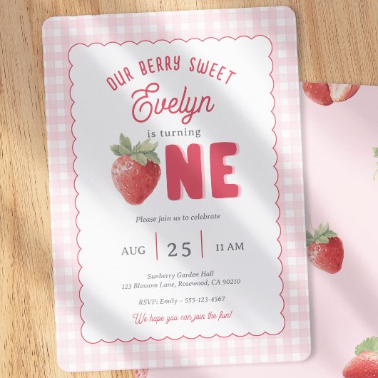 Invitation Pink Gingham Berry First Strawberry Themed