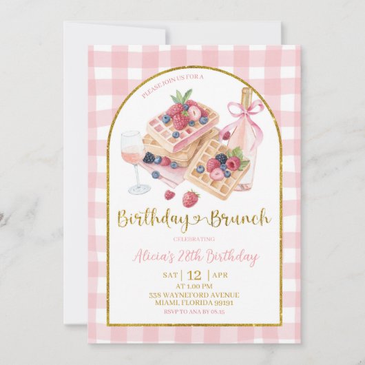 Invitation Pink Gingham Bow Coquette Waffle Birthday Brunch (Devant)