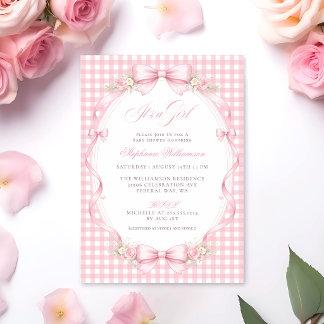 Invitation Pink Gingham Bow Floral Baby Shower