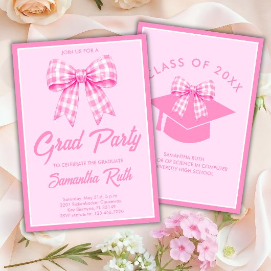 Invitation Pink Gingham Bow Graduation Party