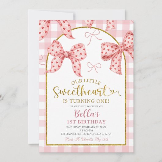 Invitation Pink Gingham Bow Sweetheart Birthday (Devant)