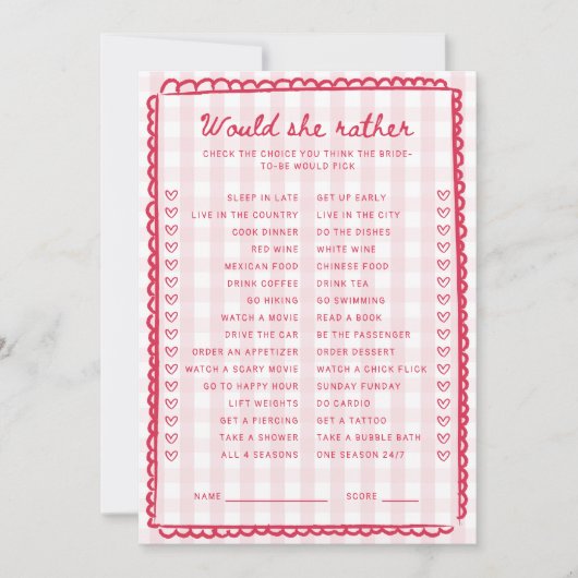 Invitation Pink Gingham Bridal Shower Would She Rather Card (Devant)
