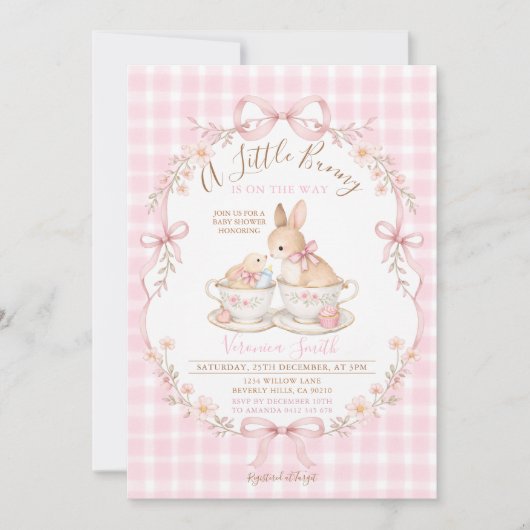 Invitation Pink Gingham Bunny Baby Shower Blush Dusty Pink (Devant)