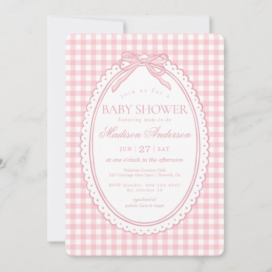 Invitation Pink Gingham Coquette Bow Baby Shower (Devant)