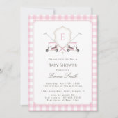 Invitation Pink Gingham Crest Monogram Golf Baby Shower (Devant)