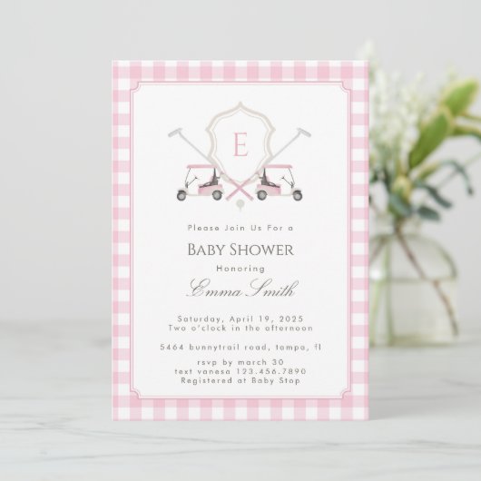 Invitation Pink Gingham Crest Monogram Golf Baby Shower (Debout devant)