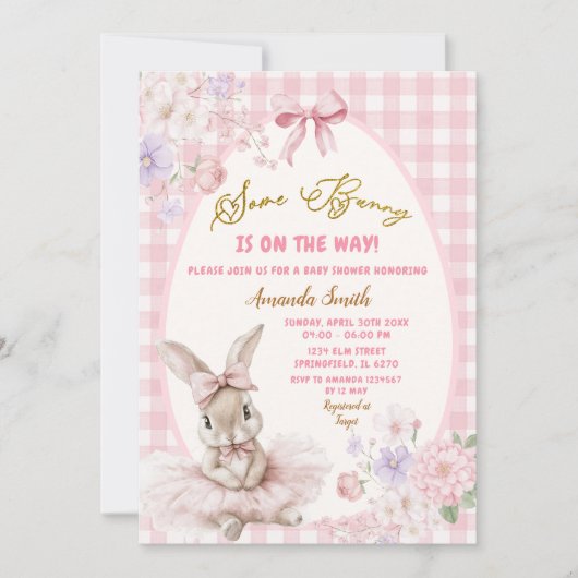 Invitation Pink Gingham Easter Some Bunny Floral Baby Shower (Devant)