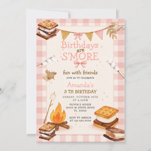 Invitation Pink Gingham Fall Camping Bonfire Smores (Devant)