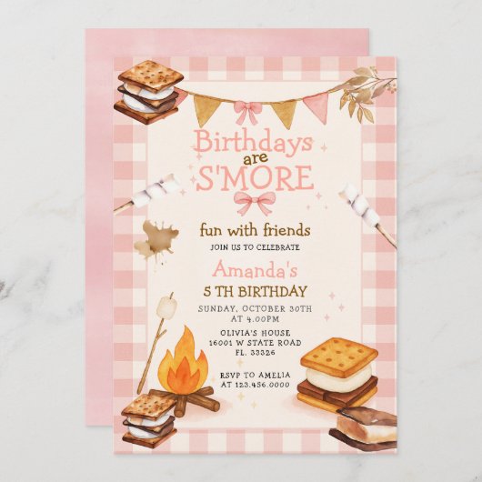 Invitation Pink Gingham Fall Camping Bonfire Smores (Devant / Derrière)