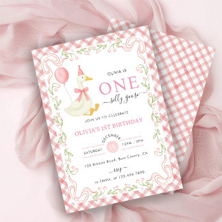 Invitation Pink Gingham Floral One Silly Goose 1st Birthday