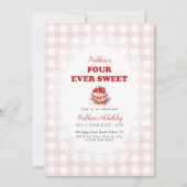 Invitation Pink Gingham Four ever Sweet Strawberry Birthday (Devant)