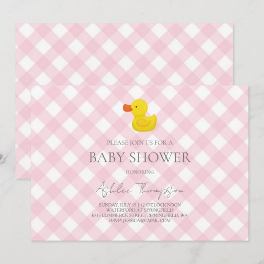 Invitation Pink Gingham Rubber Duckie Baby Shower (Devant / Derrière)