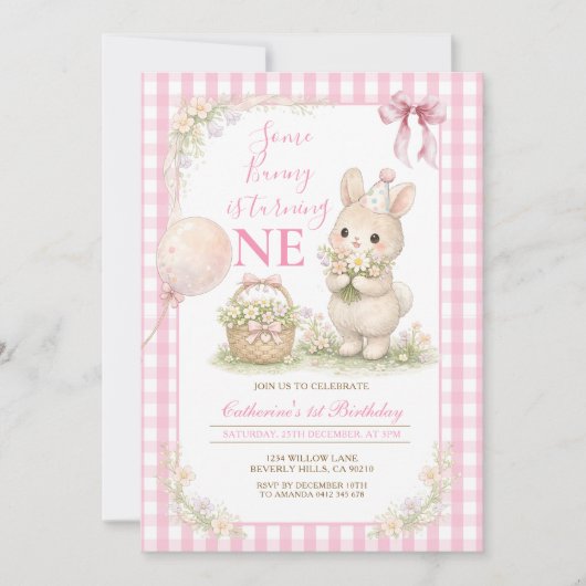 Invitation Pink Gingham Some Bunny Is Turning One Birthday (Devant)