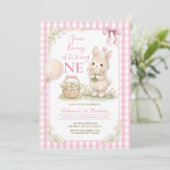 Invitation Pink Gingham Some Bunny Is Turning One Birthday (Debout devant)
