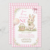 Invitation Pink Gingham Some Bunny Is Turning One Birthday (Devant / Derrière)