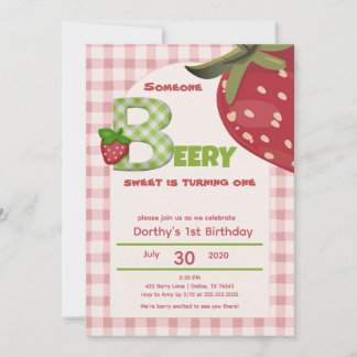 Invitation Pink Gingham Strawberry Berry First Birthday  Invi