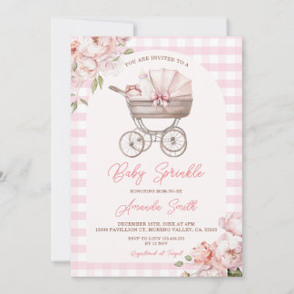 Invitation Pink Gingham Stroller Floral Girl Baby Sprinkle