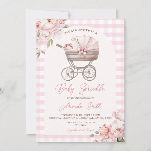 Invitation Pink Gingham Stroller Floral Girl Baby Sprinkle (Devant)