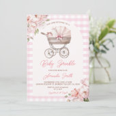 Invitation Pink Gingham Stroller Floral Girl Baby Sprinkle (Debout devant)