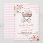 Invitation Pink Gingham Stroller Floral Girl Baby Sprinkle (Devant / Derrière)